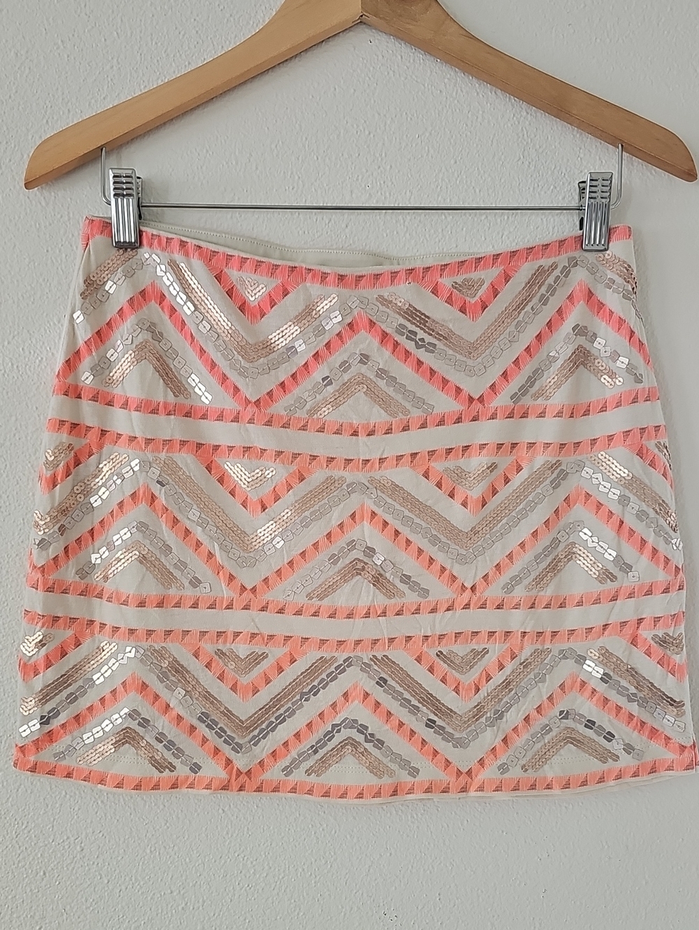 Express Sequin Embellished Chevron Mini Skirt in Coral and Cream